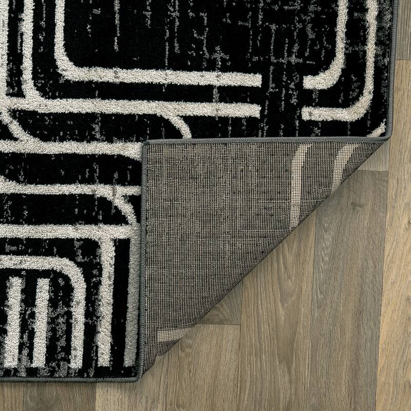 Bohemian Lines Black Ivory Gray Durable Area Rug Pet Friendly, Perfect for Entryway, Living Room, and Bedroom