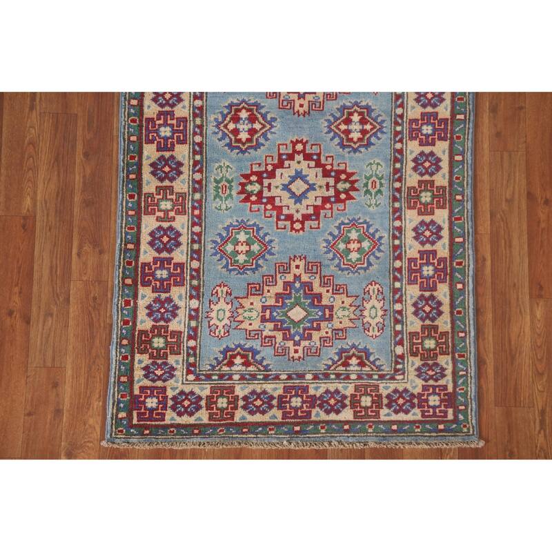 Hand Knotted Oriental 100% Wool Carpet Traditional Geometric Navy Blue & Blues Kazak Area Rug - 6' 4'' X 2' 9''