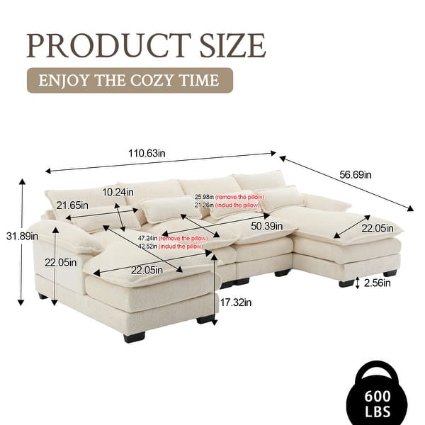 dimension image slide 10 of 11, Chenille Upholstered U-Shaped Living Room Sectional Sofa With Wooden Legs