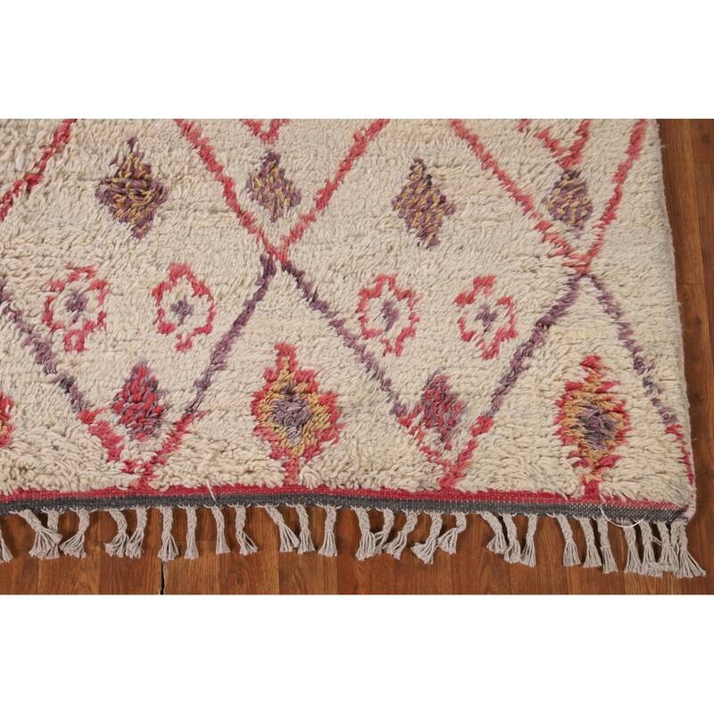 Tribal Moroccan Area Rug Handmade Beige Wool Carpet - 7'0" x 10'4"