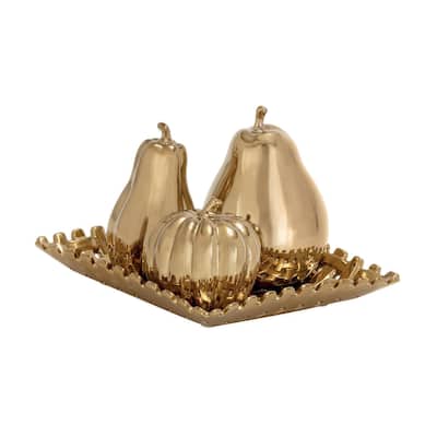 Ceramic Fruit Pear, Pumpkin, and Squash Decorative Sculpture with Decorative Plate - Set of 4 Gold or Silver - Roche River Decor