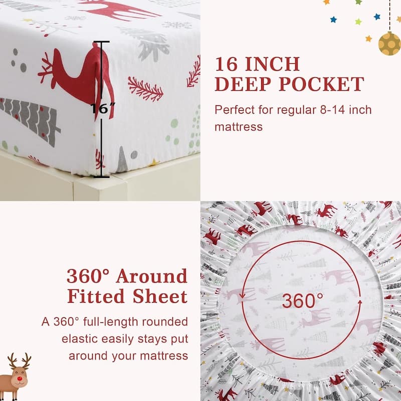 Christmas Soft Forest Deer Bed Sheets Set with 16 Inches Deep Pocket