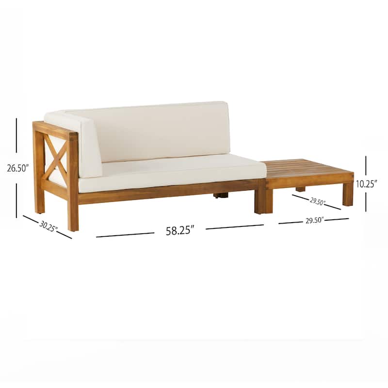 Brava Outdoor Acacia Wood Left Arm Loveseat and Coffee Table Set with Cushion by Christopher Knight Home