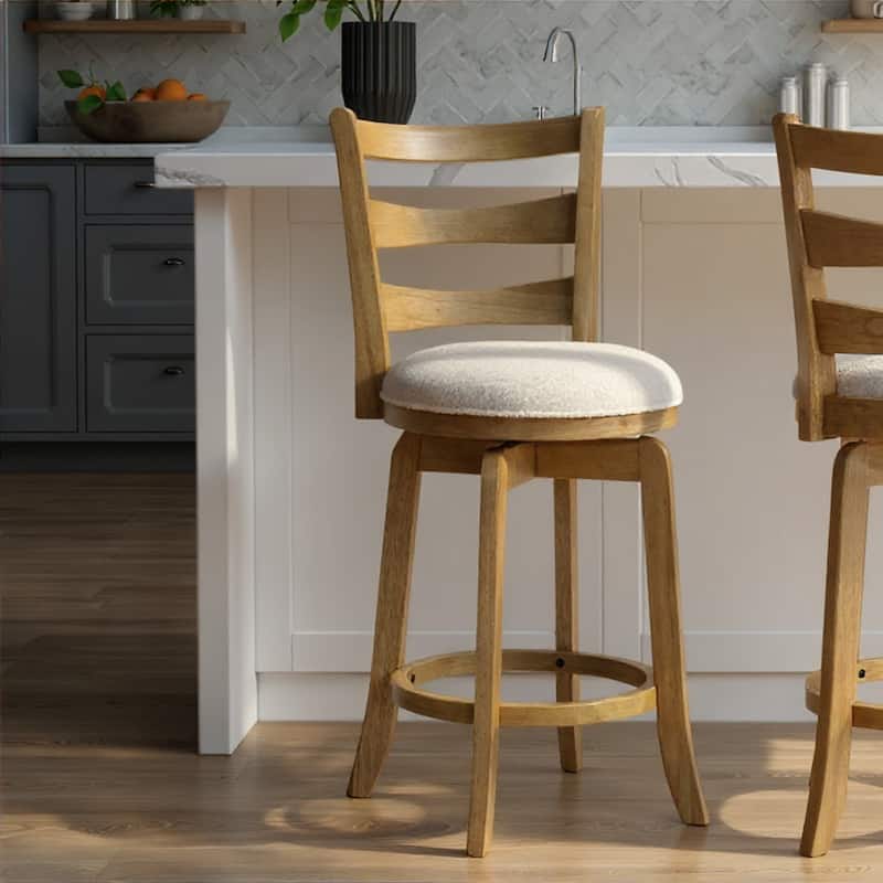 Melindra White Boucle Swivel Bar Stool, Upholstered Counter Stool with Solid Wood Legs - Single - Amber Glow - Counter Height