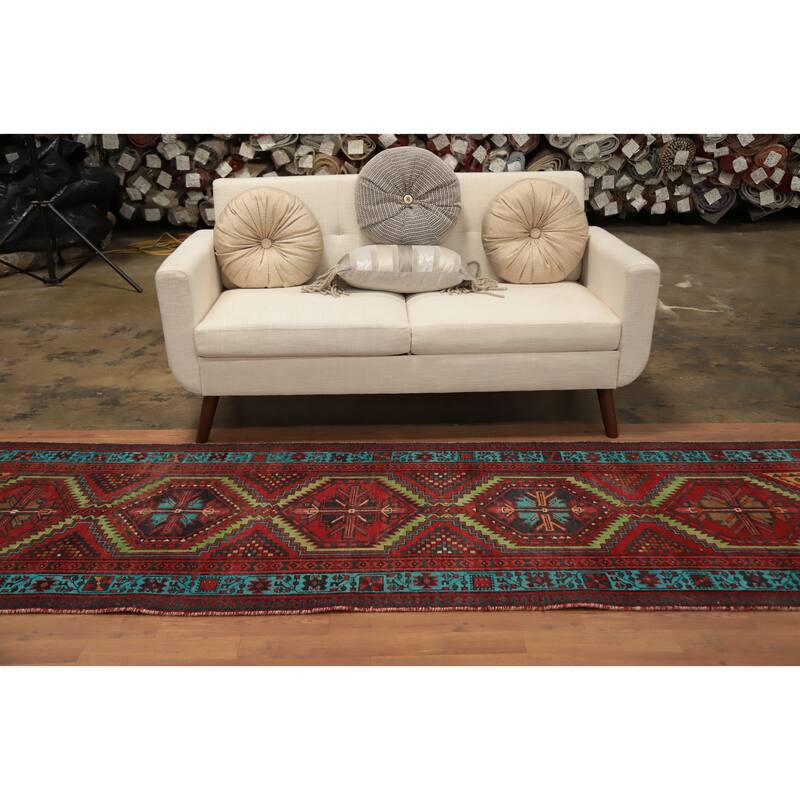 Hand Knotted Oriental 100% Wool Carpet Traditional Geometric Red Ardebil Runner Rug - 10' 8'' X 3' 4''