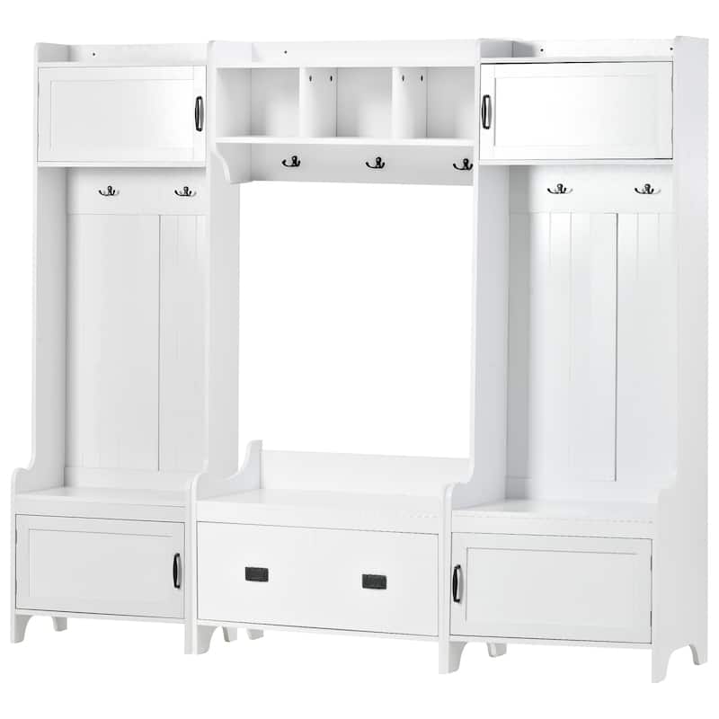 Roomfitters Modern Mudroom Hall Tree with Bench, 4-in-1 Coat Rack with 7 Black Hooks and Large Storage Compartment, White