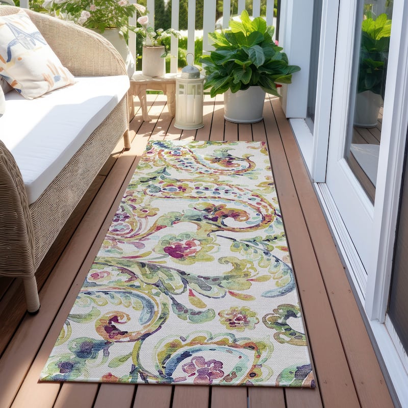 Machine Washable Indoor/ Outdoor Chantille Traditional Scroll Rug - Ivory - 2'3" x 7'6"