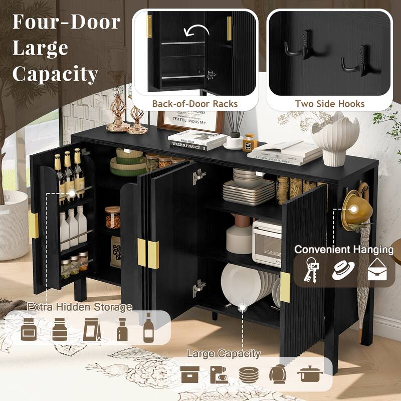 57.5" Modern Stripe Door Storage Cabinet with 4 Doors, Adjustable Shelves, Back-of-Door Racks & Side Hooks