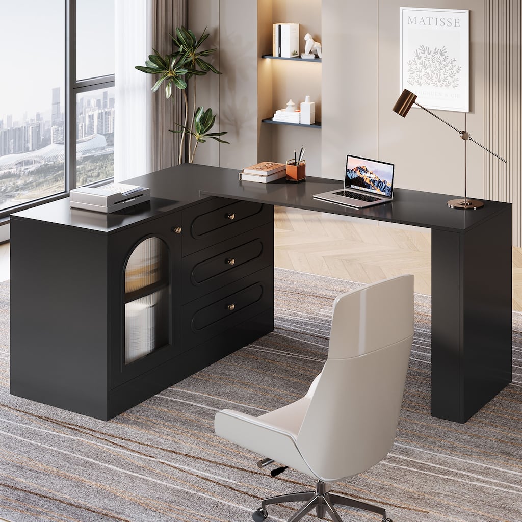 Modern 360° Rotatable Computer Desk, Executive Desk with 3 Drawers