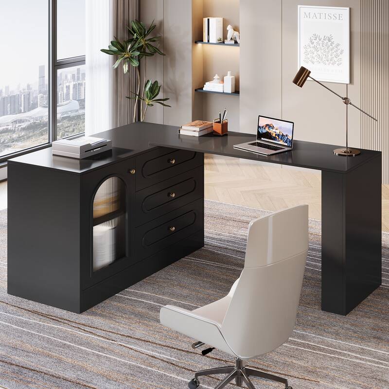 Modern 360° Rotatable Computer Desk with 3 Drawers, L Shaped Corner Executive Desk