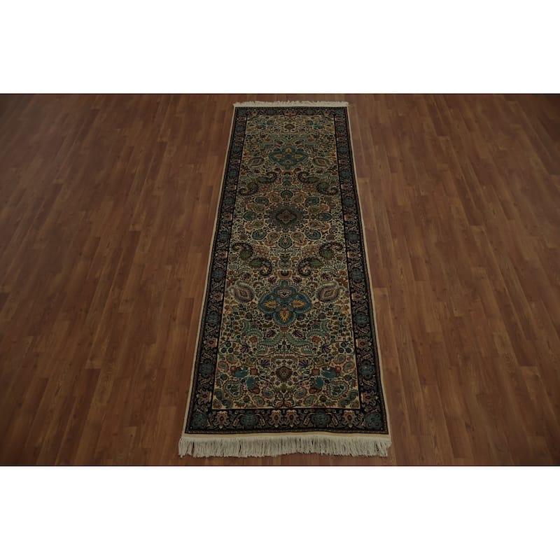 Hand Knotted Oriental 100% Wool Carpet Traditional Floral Beige & Ivories Qum Runner Rug - 9' 3'' X 3' 2''