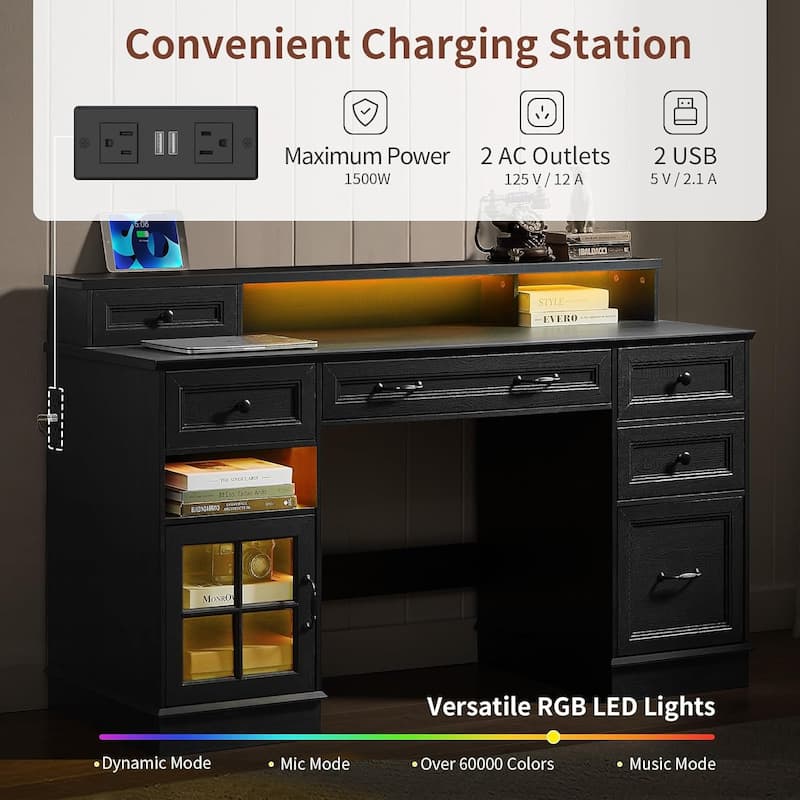 Executive Desk with Drawers Computer Desk with File Drawers Power Outlet LED Lights Storage Cabinet Monitor Shelf