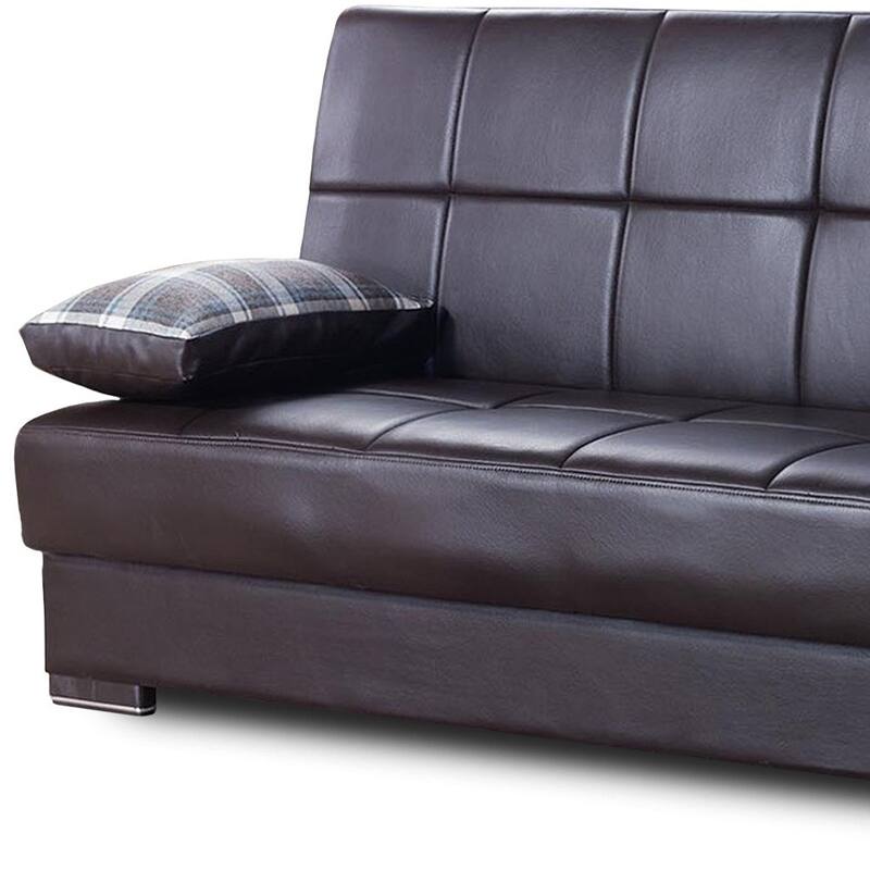 HomeRoots 75" Brown Faux Leather Convertible Futon Sleeper Sofa And Toss Pillows With Storage