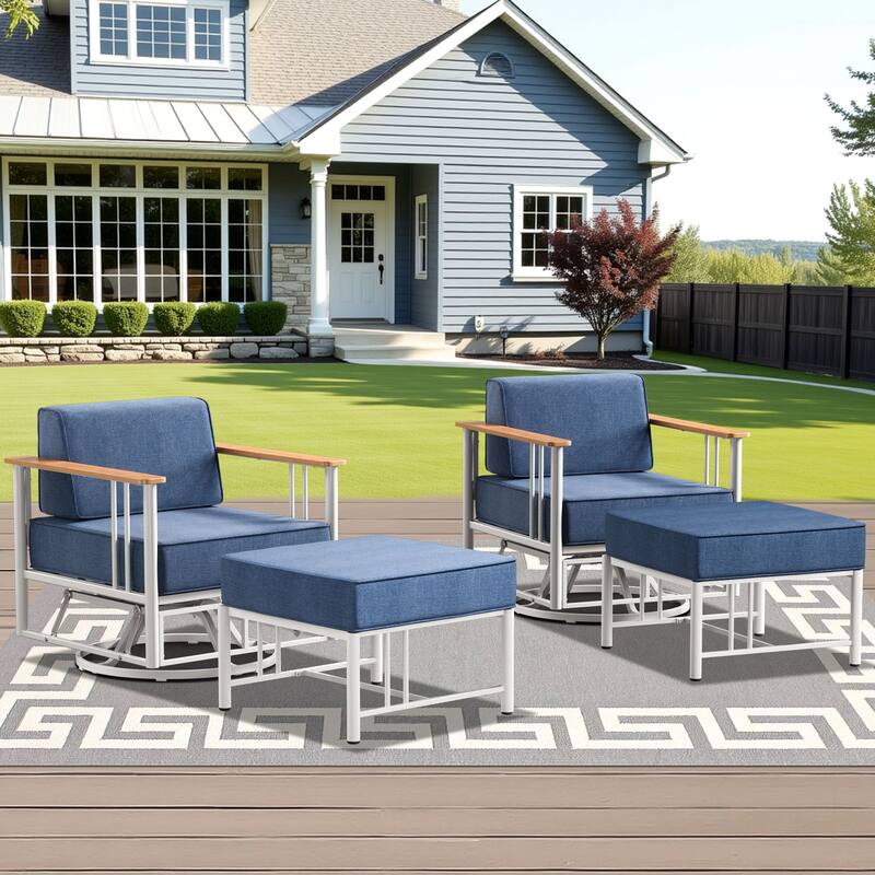 Outdoor Patio Funiture Set with Extra-Thick Seat cushion - White & BLue Cushion - 4PCS Glider Chairs with Ottoman