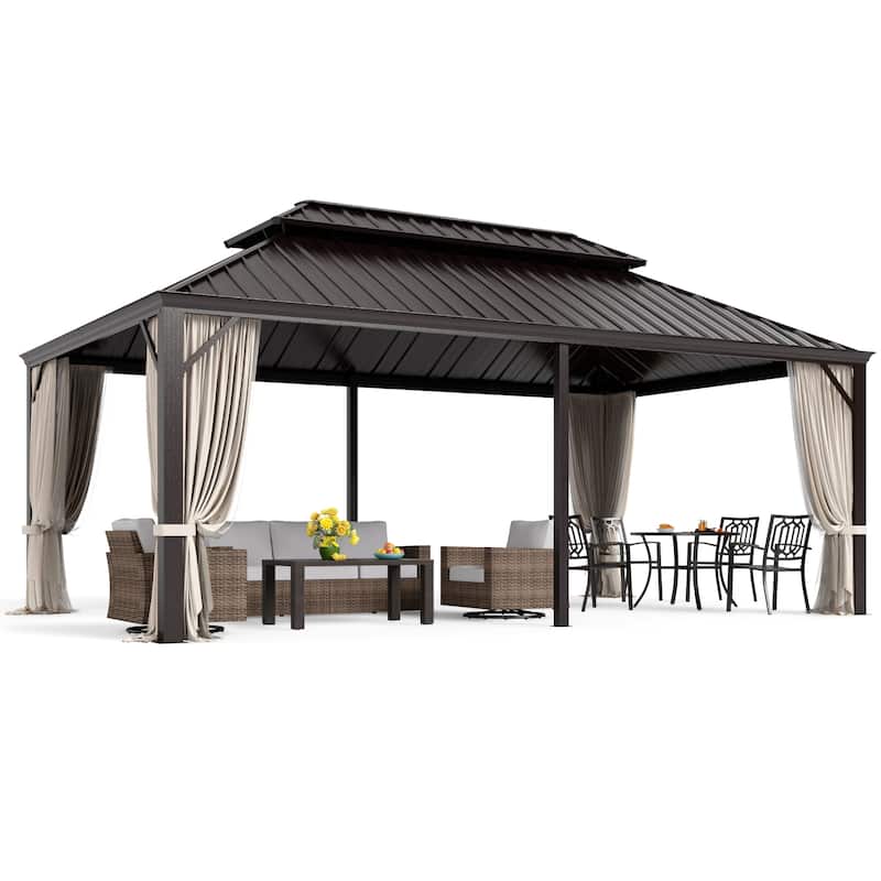 MAISON ARTS 14x20' Hardtop Aluminum Galvanized Steel Double Roof Gazebo with Netting & Curtains