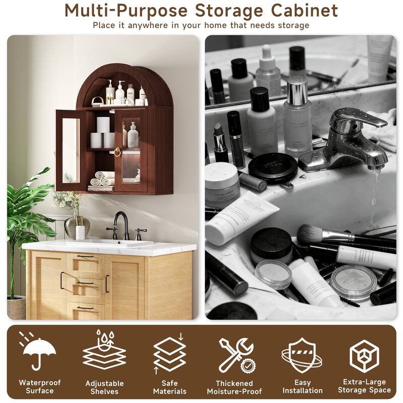 Wall Mounted Arched Cabinet with Glass Doors, Light and Adjustable Shelves for Laundry Room, Bathroom, Kitchen