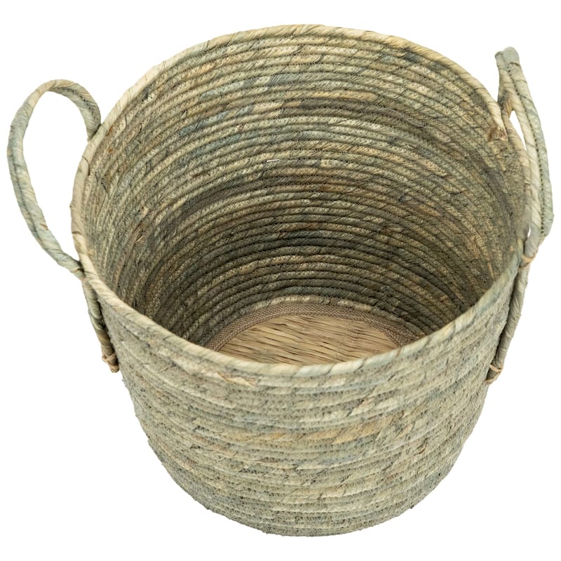 Set of 3 Gray Tall Seagrass Storage Baskets Sewn Zig Zag Accents 13"