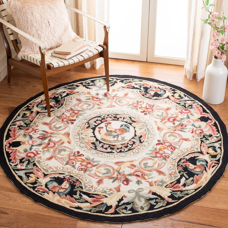 SAFAVIEH Handmade Chelsea Anni French Country Rooster Wool Rug - 5'6" Round - Ivory/Black
