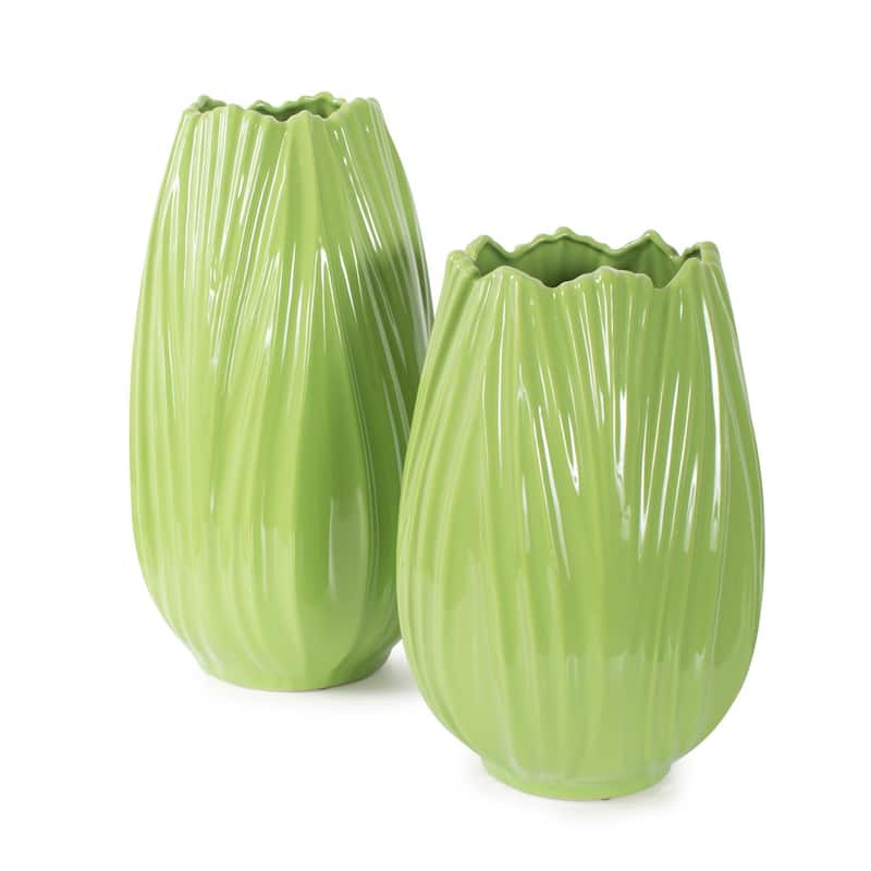 Allan Andrews Contemporary Glossy Green Curved Detailed Ceramic Vase