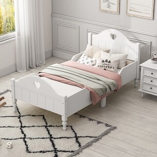 White Solid Wood Macaron Twin Toddler Platform Bed, Safety Rails, Kid-Friendly Height
