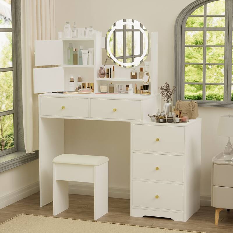 Fashion Vanity Desk with Mirror and Lights for Makeup and Cushioned Chair - White
