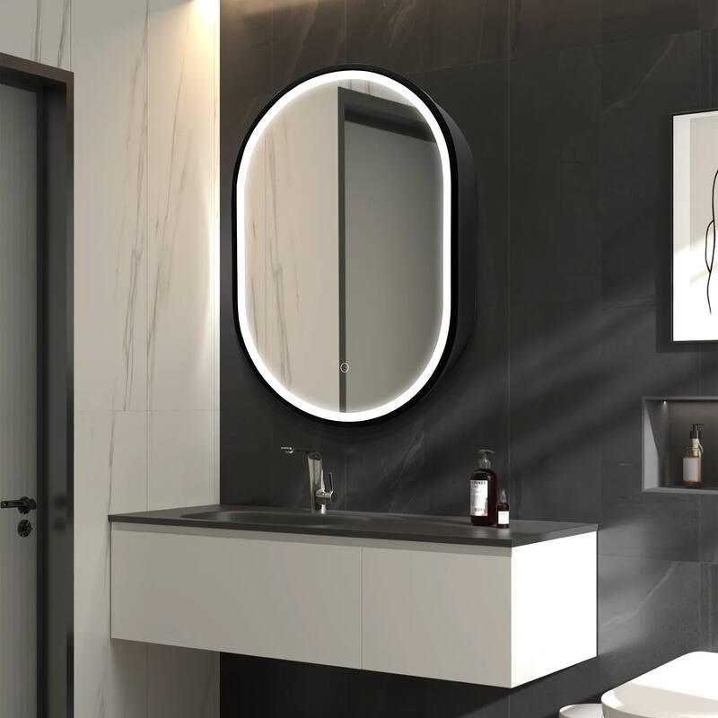 Oval Black Metal Framed Wall mount Bathroom Medicine Cabinet with Mirror - 31x21 inches