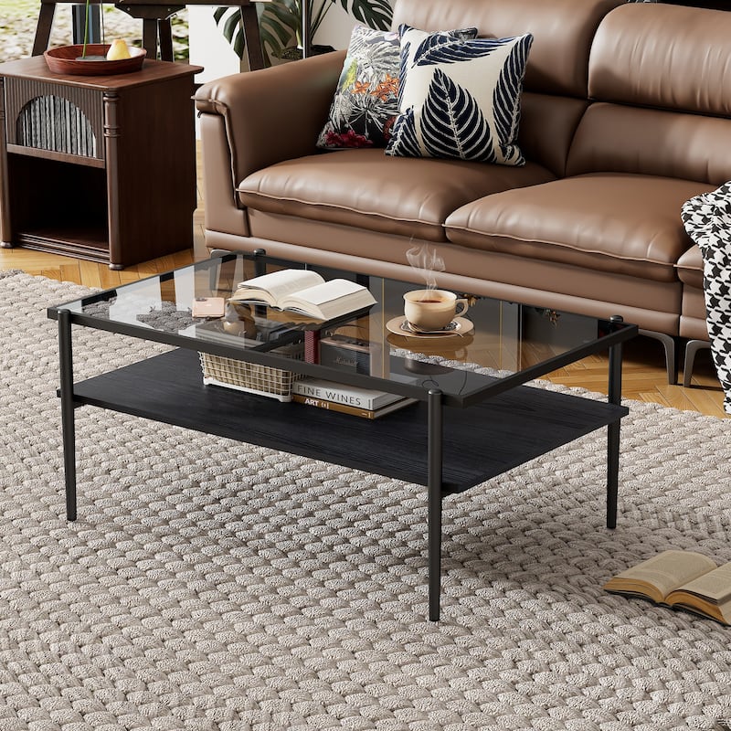 Rectangle Coffee Table with Gray Tempered Glass top and Black Legs,Modern Table for Living Room