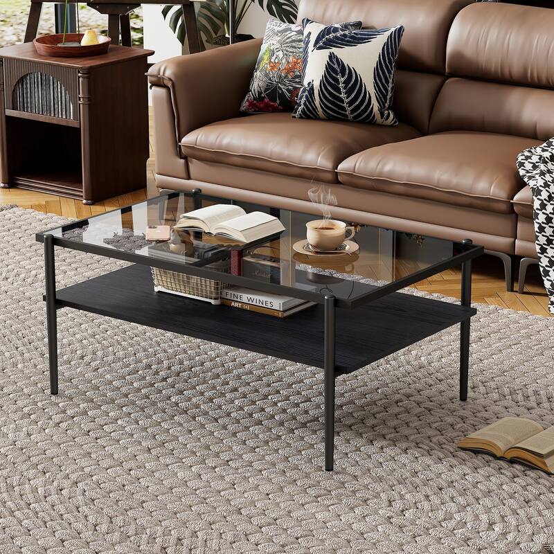 Rectangle Coffee Table with Gray Tempered Glass top and White Legs