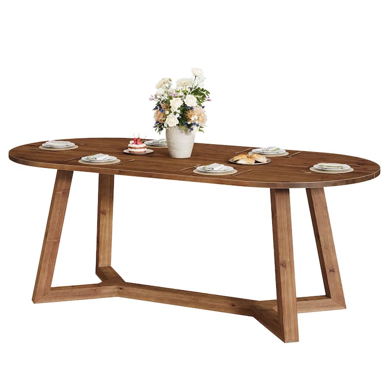 63-Inch Solid Wood Oval Dining Table, Wooden Farmhouse Kitchen Table