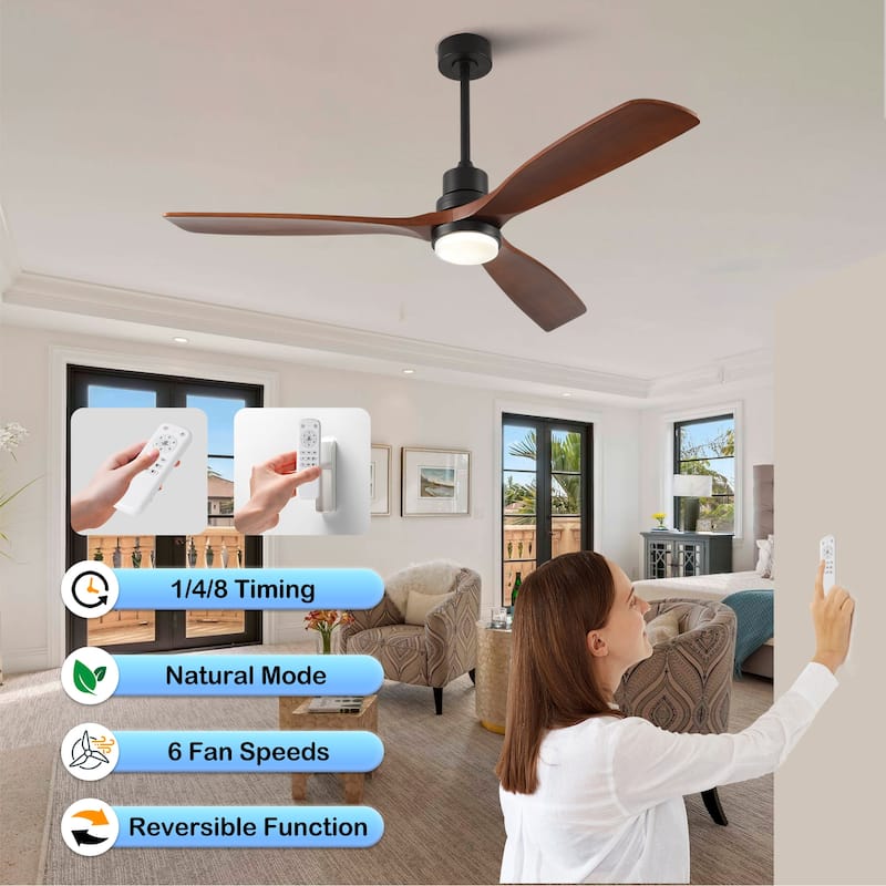 60 Inch Modern Black Ceiling Fan With Light 3 Solid Wood Blades Remote Control Reversible DC Motor With Dimmable LED