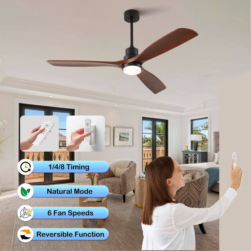 60 Inch Modern Ceiling Fan With 3 Color Dimmable 3 Solide Wood Blades Remote Control Reversible DC Motor With Led Light