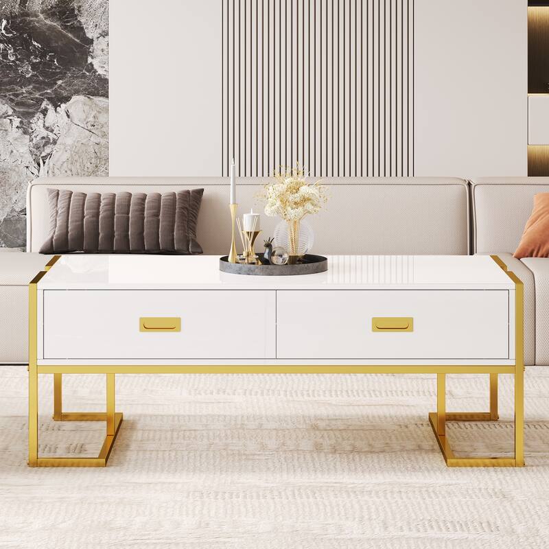 Roomfitters Modern Rectangular Coffee Table with Gold Base, 4 Storage Drawers, High Gloss Finish, 47.3" - White+Gold