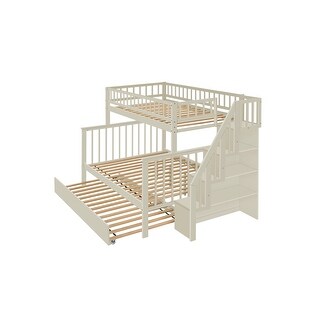Cream Twin over Full Modern Rubberwood Stairway Bunk Bed with Rails and Storage