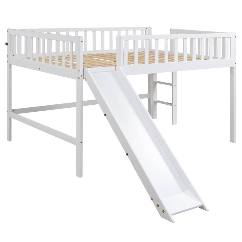 Full Size Low Loft Bed with Ladder and Slide, White - Space-Saving Design, Removable Slide, Sturdy Pine Wood Construction