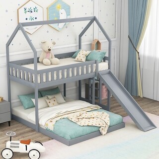 Twin Over Full House Bunk Bed with Slide & Built-in Ladder, Full-Length ...