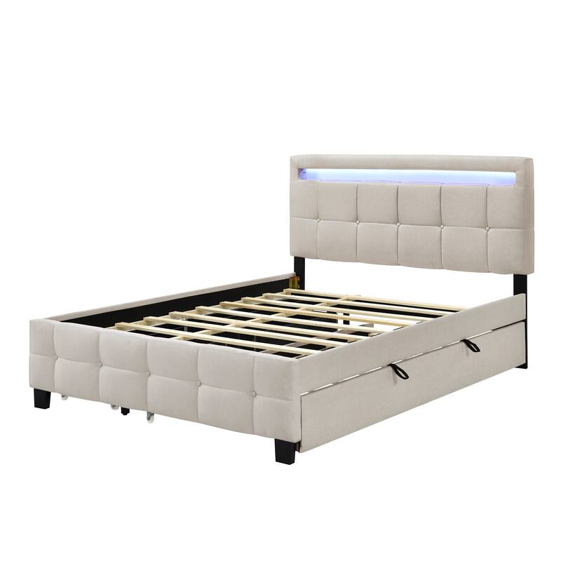Queen Size Upholstered Platform Bed with LED Frame and Twin XL Size Trundle 2 drawers