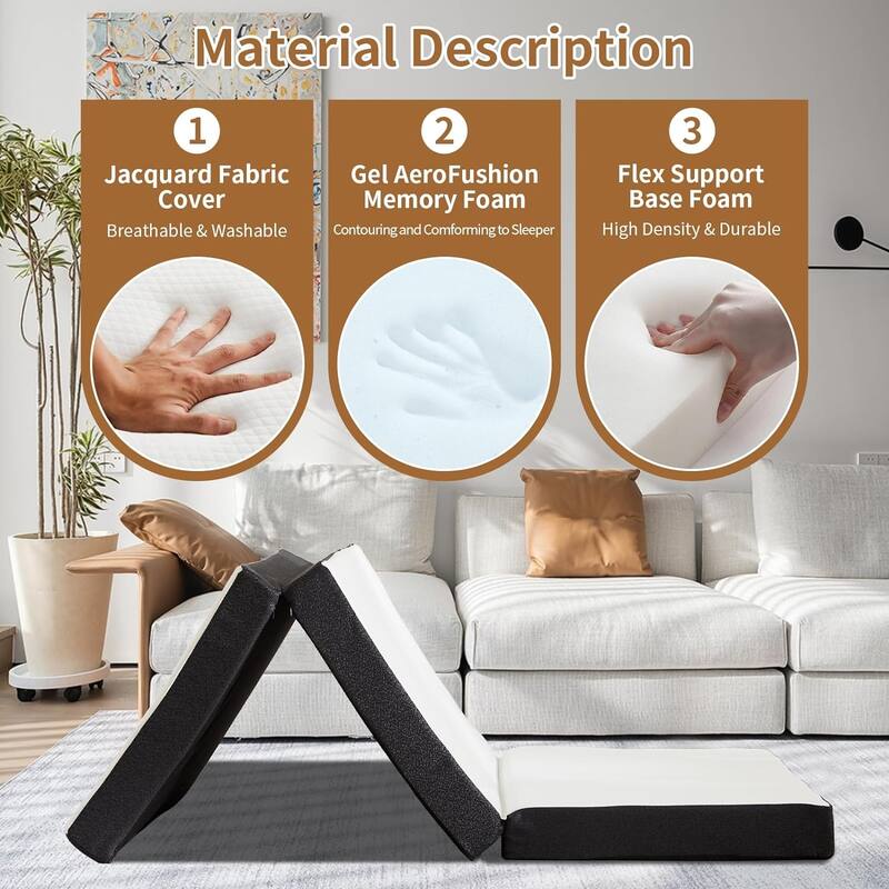 Folding Mattress, 3 inch Tri-fold Memory Foam Mattress Topper for Camping, Foldable Mattress Topper with Washable Cover