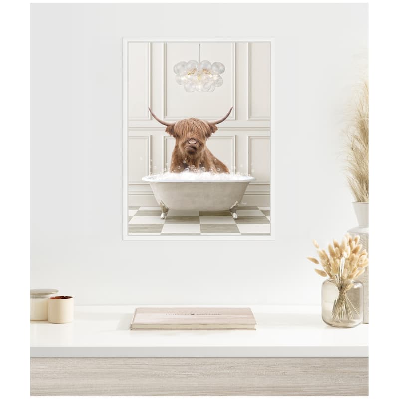 Kate and Laurel Sylvie Highland Cow in Lux Bathtub Framed Canvas by Amy Peterson