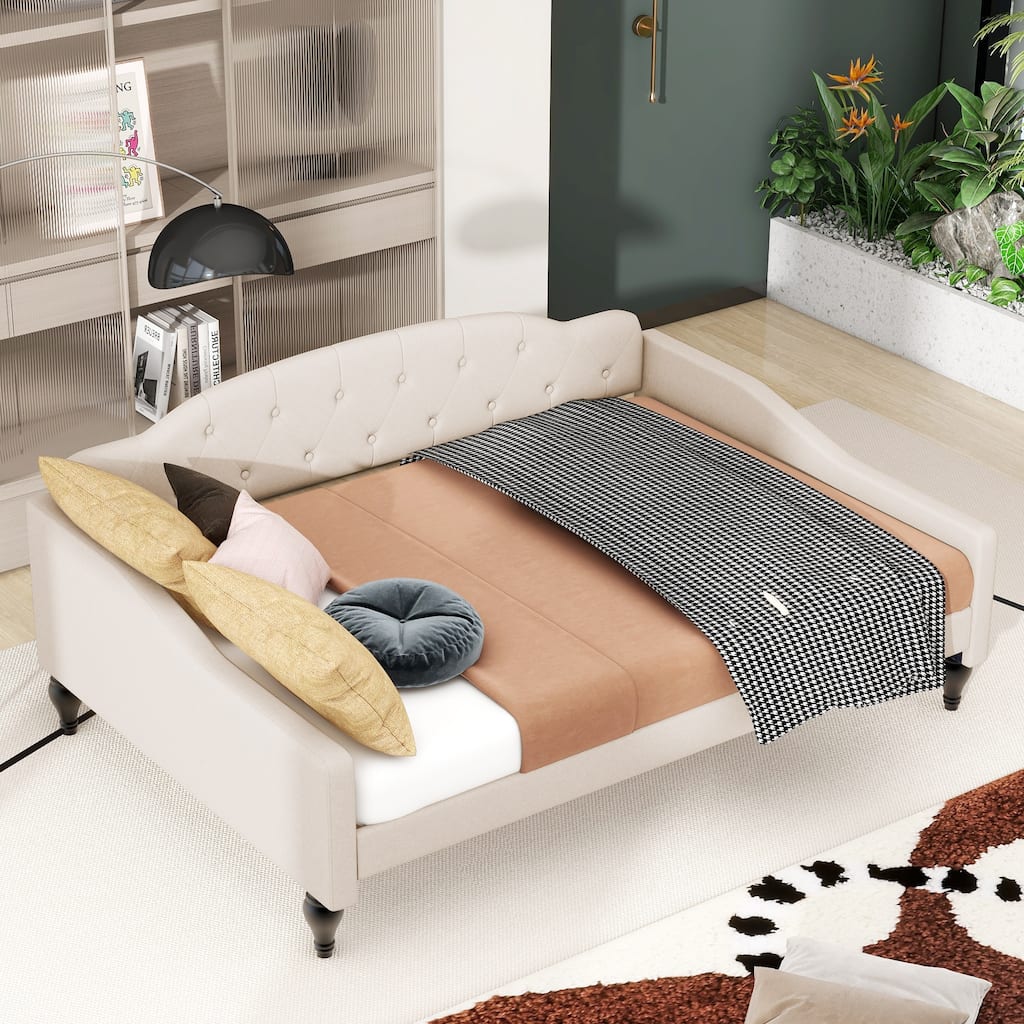 Minimalist Daybed Curve Design Soft Backrest Wood Slat Support, Full