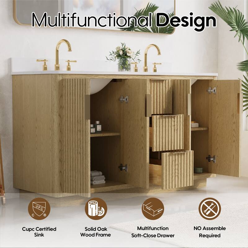 35''H Solid Wood Bathroom Vanity With Stain-resistant Carrera White Quartz Top and Sink