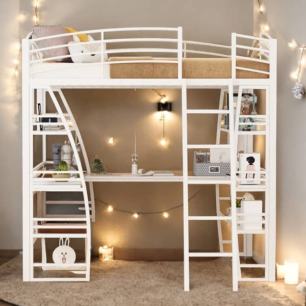 slide 2 of 18, Modern Full Size Loft Bed With 4 Layers Of Shelves And L-shaped Desk,Sockets,USB Ports,Wireless Charging White