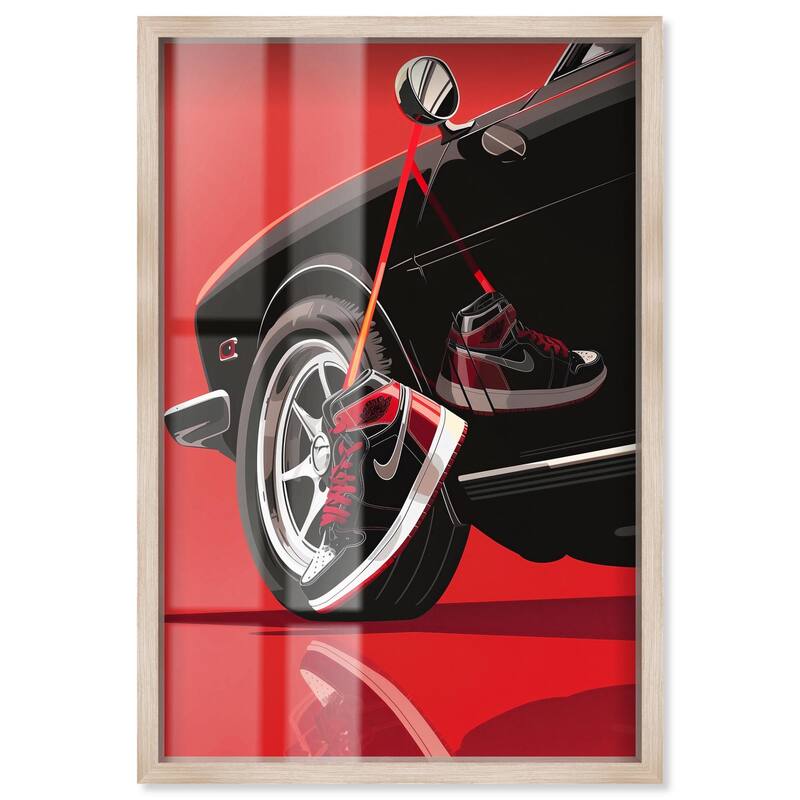 Red Bold Sneaker and Car Shadowbox by Art Remedy - Natural - 24" x 36"