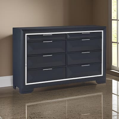 Rosy 60 Inch Dresser, 8 Drawers, Chrome Metal Accents, Midnight Blue Wood