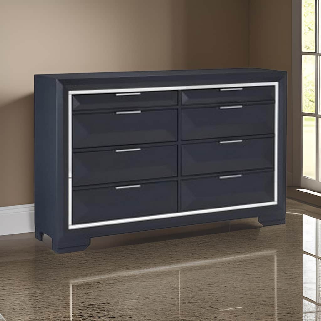 Rosy 60 Inch Dresser, 8 Drawers, Chrome Metal Accents, Midnight Blue Wood