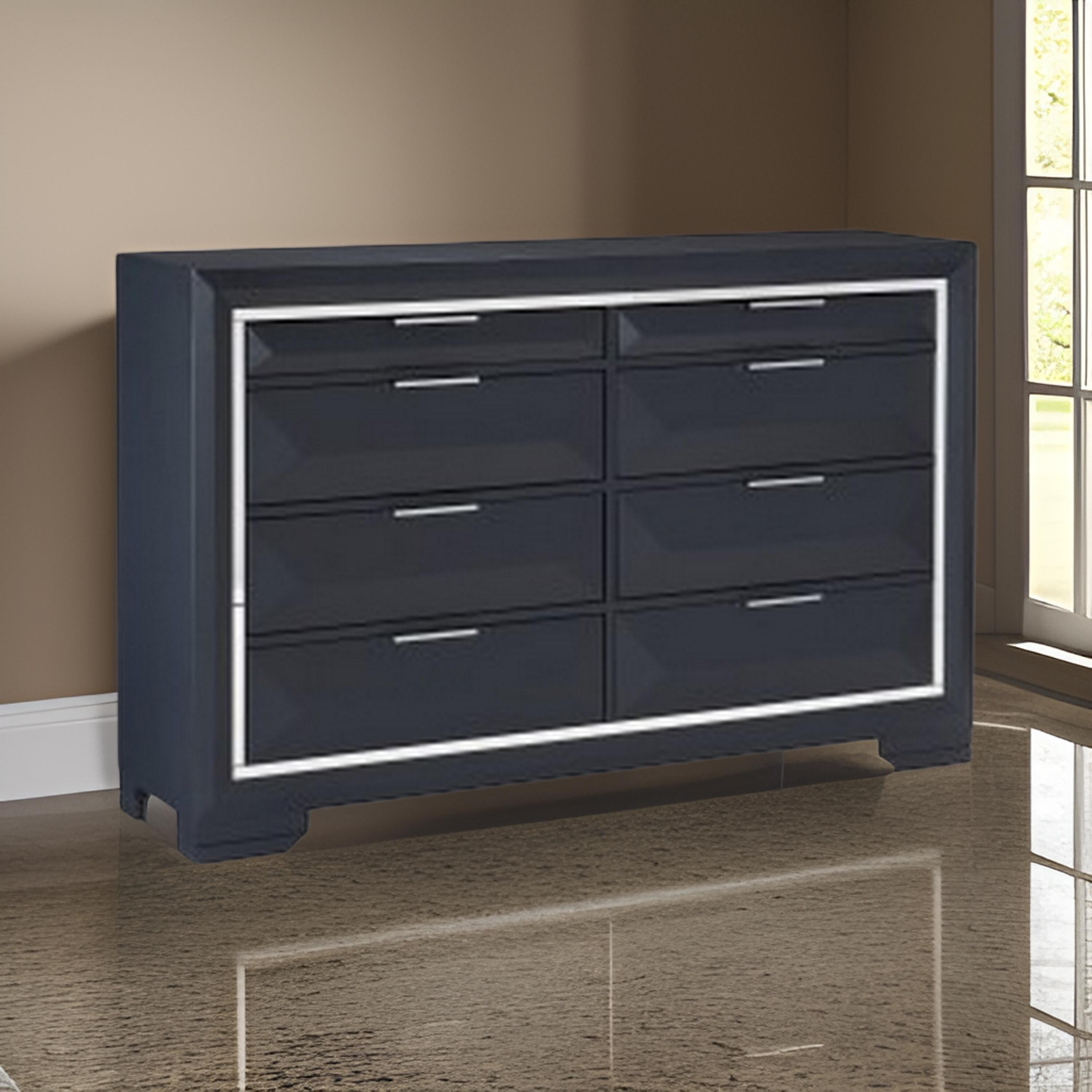 Rosy 60 Inch Dresser, 8 Drawers, Chrome Metal Accents, Midnight Blue Wood