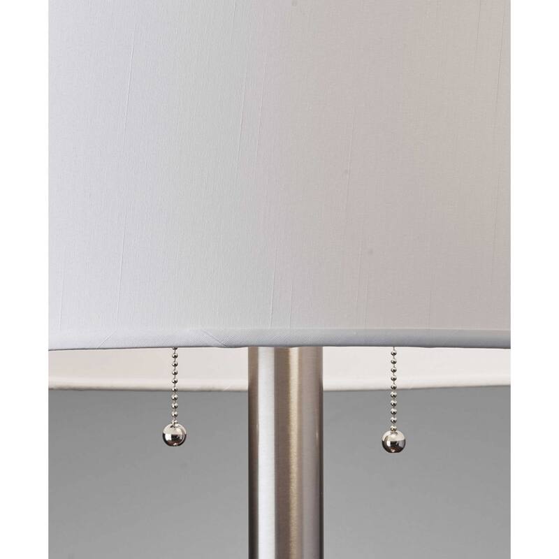 Silver Metal Base Bedside Table Lamp with White Drum Shade Dual Pull Chain - 17” x 17” x 28” (D x W x H)