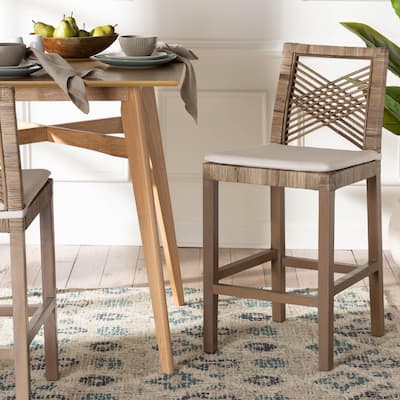 Poltak Modern Bohemian Grey Natural Kubu Rattan and Mahogany Wood Counter Stool
