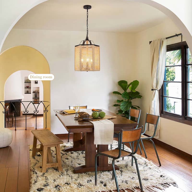 3-Light Farmhouse Lantern-style Chandelier with Hemp Rope for Living Room