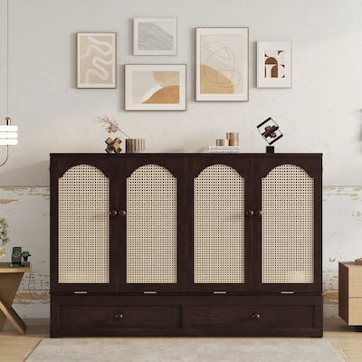 Queen Folding Wall Bed with Pine Wood Frame, Built-In Power Charging Station, Rattan Accent Panel, and Spacious Storage Drawer
