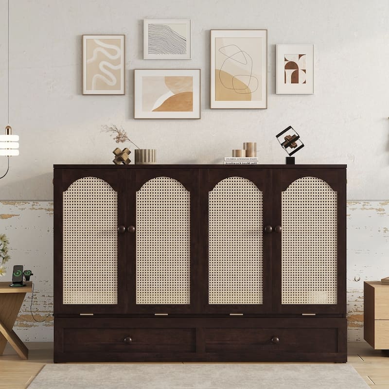 Queen Size Murphy Bed Foldable to Space Saving Rattan Cube Cabinet Convertible Platform Bed Frame with Power Station and Drawer